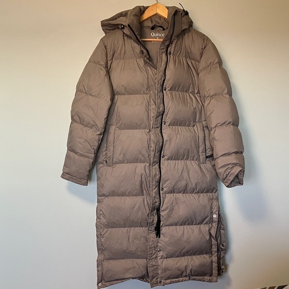 Quince Responsible Down Long Puffer Hooded Jacket in Stone Taupe - Picture 2 of 8